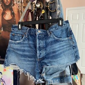 Agolde Parker Cutoff mid rise dark wash indigo denim shorts